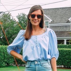 Tuckernuck Chambray Swiss Dot Bardot Blouse